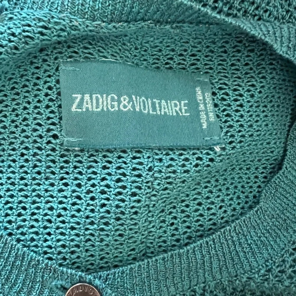 EUC ZADIG & VOLTAIRE Mesh Teal Metallic Cardigan S - Picture 3 of 6